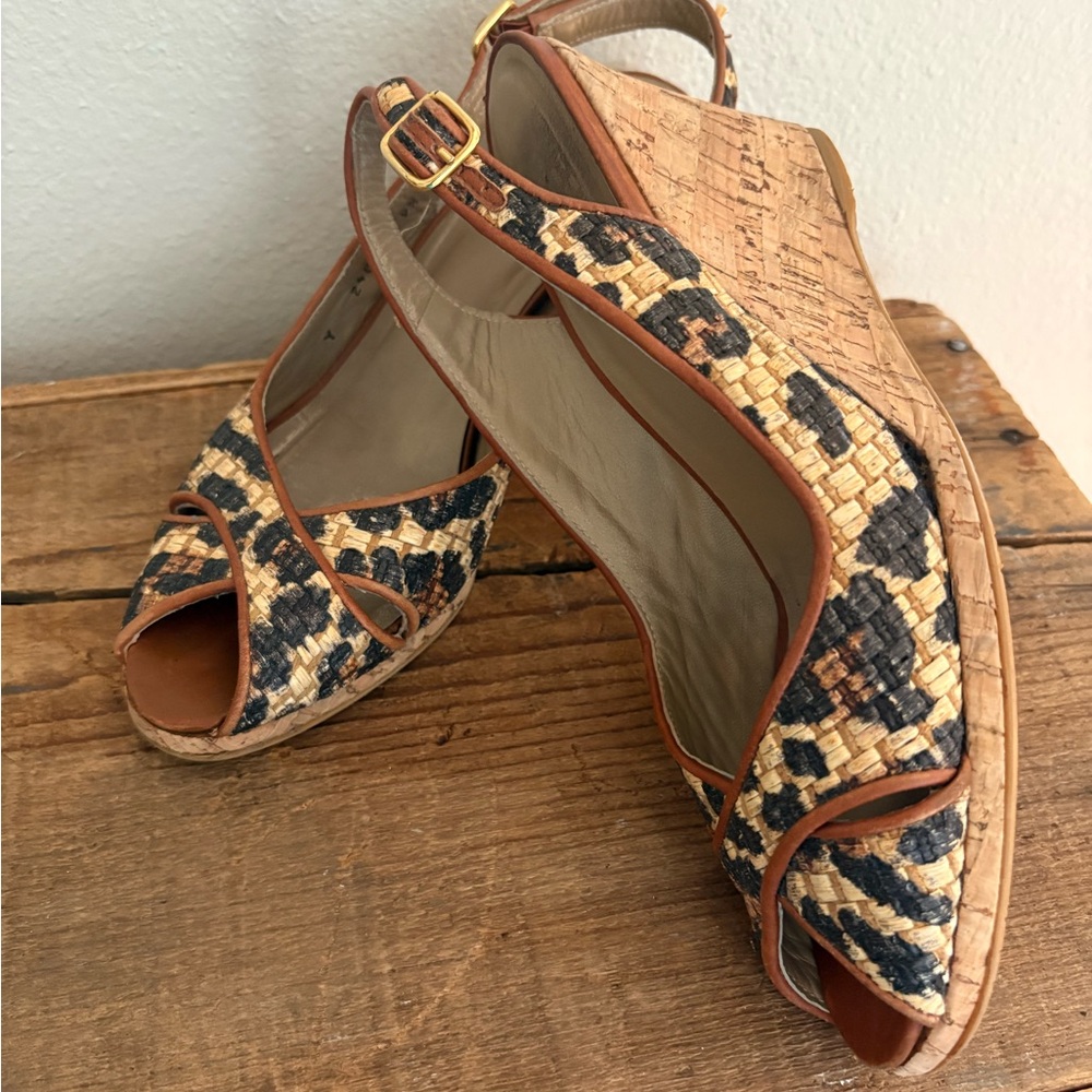 Stuart Weitzman Leopard Print Wedge Sling Backs